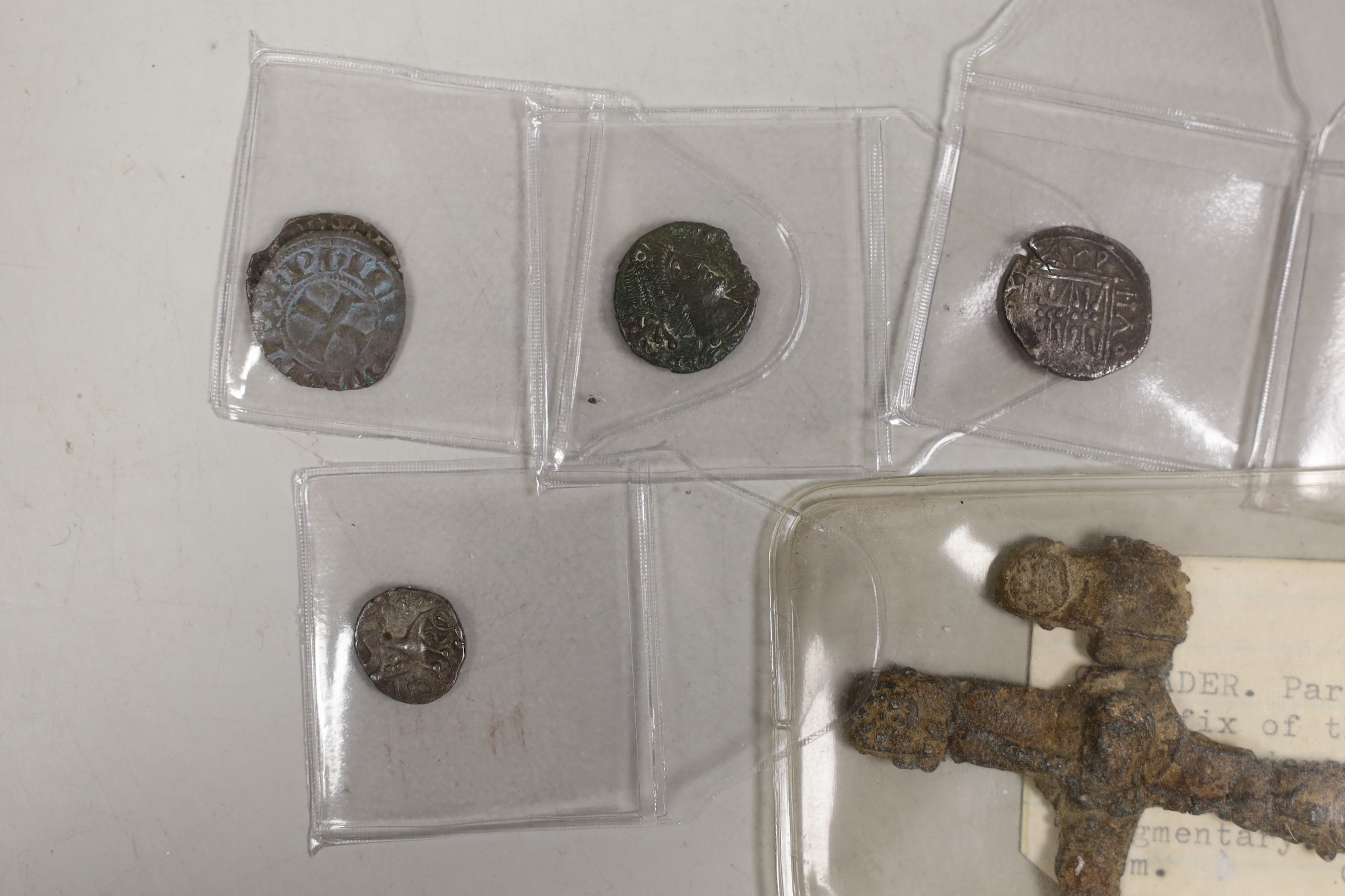 Greek, Celtic and European medieval coinage to include an AR drachm, Illyria, an Iceni Antedios Anted silver unit, a Venetian AR grosso, two deniers tournois, a Charles the Bold 2 Stuivers and a fragment of a lead crucif
